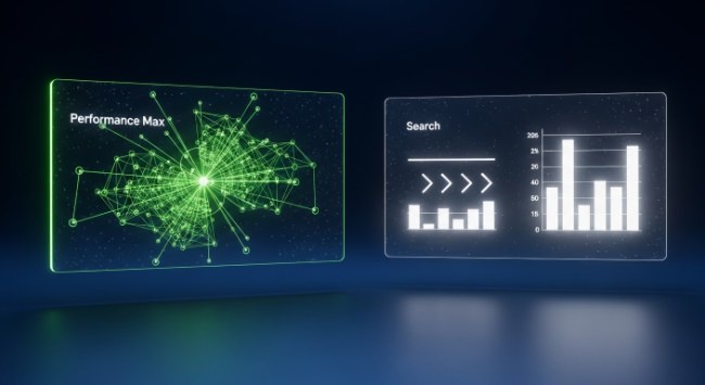 Comparison of Google Ads Performance Max campaign versus Search campaign dashboards side by side