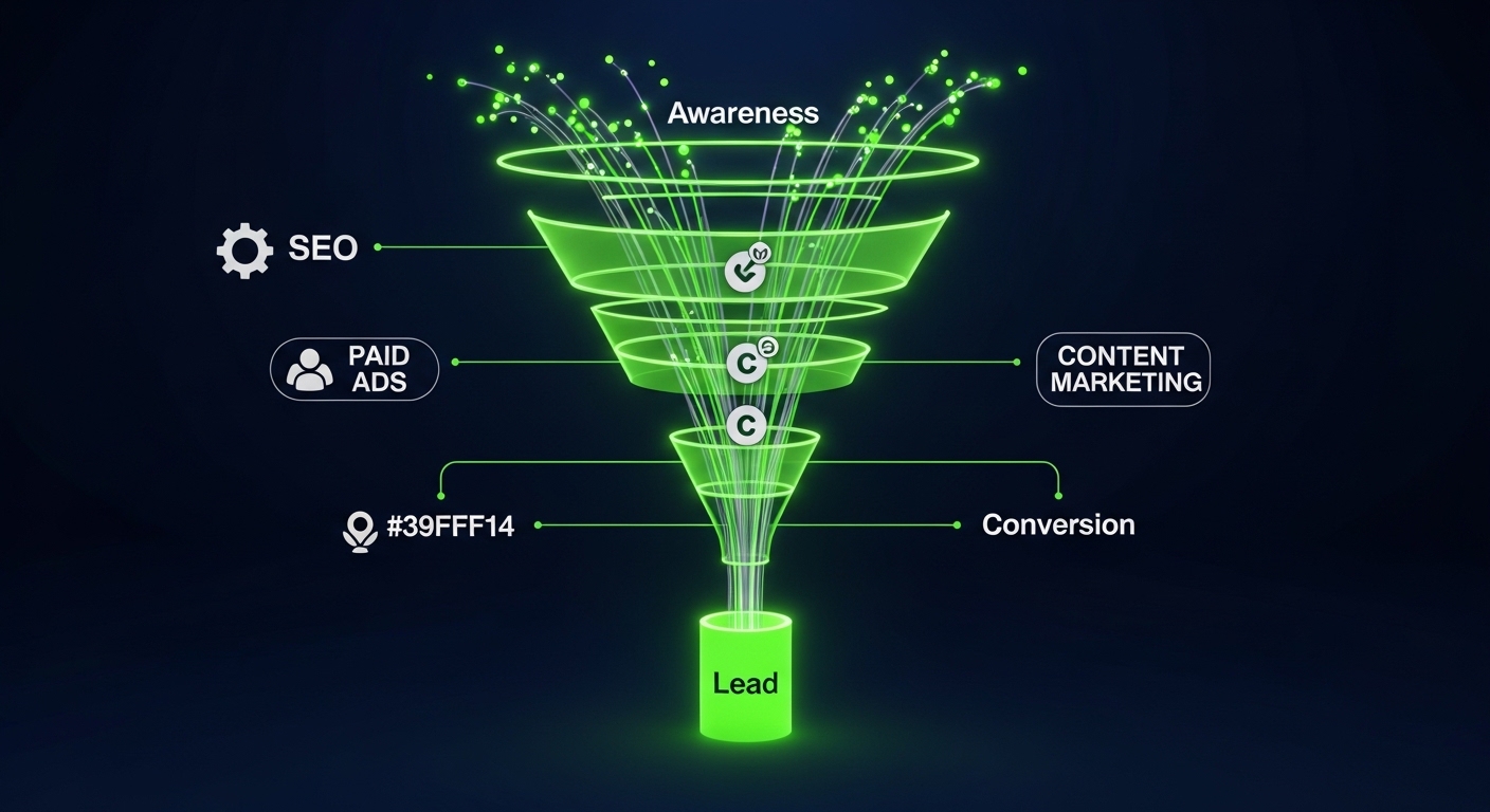 Integrated lead generation funnel diagram combining SEO AEO Google Ads and Meta Ads for South Florida businesses