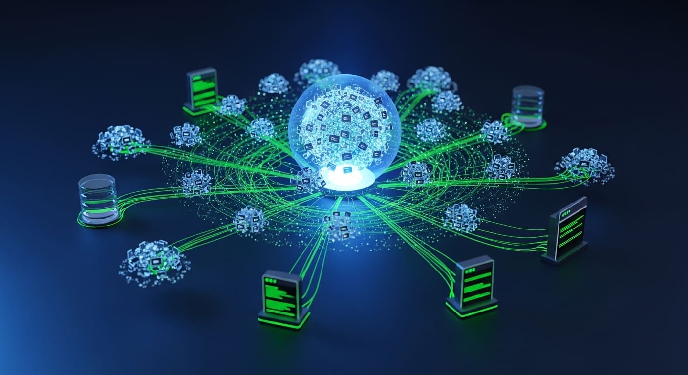 Web application architecture diagram showing scalable microservices infrastructure and database connections