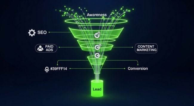 Integrated lead generation funnel diagram combining SEO AEO Google Ads and Meta Ads for South Florida businesses