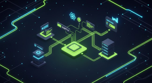 React and Node.js full-stack development architecture diagram showing front-end and back-end layers for production web applications
