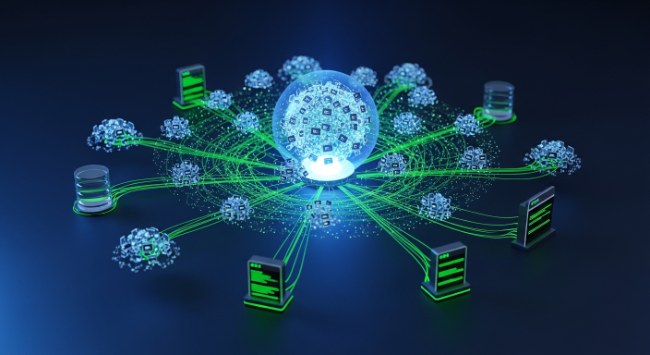 Web application architecture diagram showing scalable microservices infrastructure and database connections